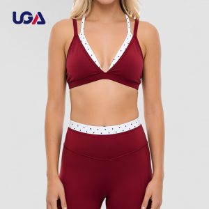 Dot Pattern Contrast Trim Double Layer Halter Sports Workout Scoop Bra 2 in 1 Yoga Set